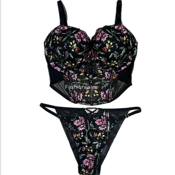 Victorias Secret Very Sexy Push Up Corset Top bra & String Cheeky Panty 34D / S - Picture 8 of 9